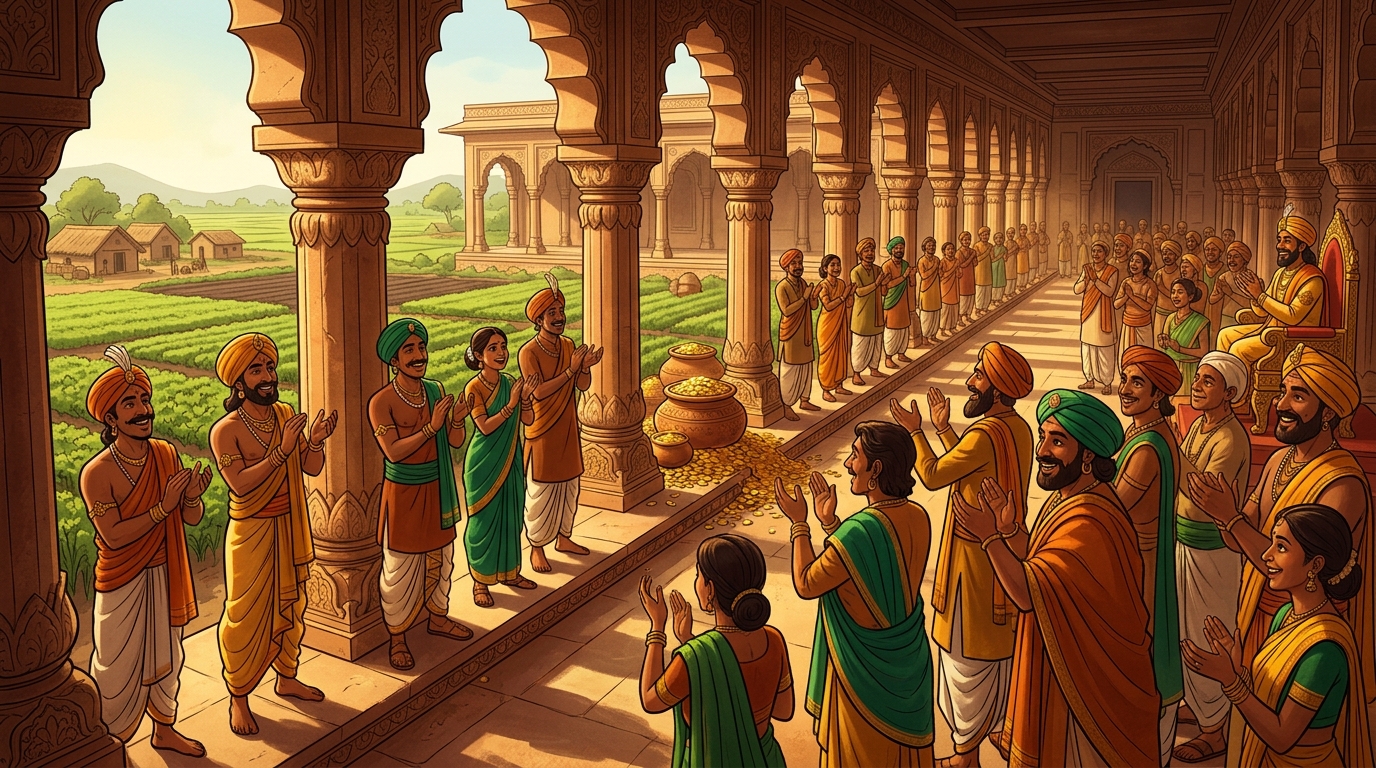 The ministers and assembled citizens cheer in admiration at the Emperor's verdict