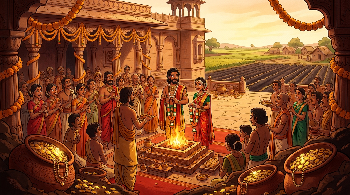 In the festive palace courtyard, the young couple Vasudeva and Padmavati are married in royal presence
