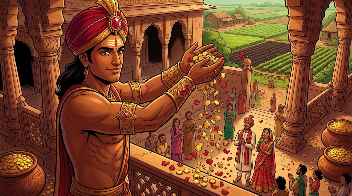 Vikramaditya personally showers gold coins and rose petals upon the bride and groom