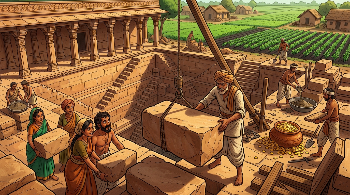 Masons and villagers construct large stone irrigation stepwells funded by the gold