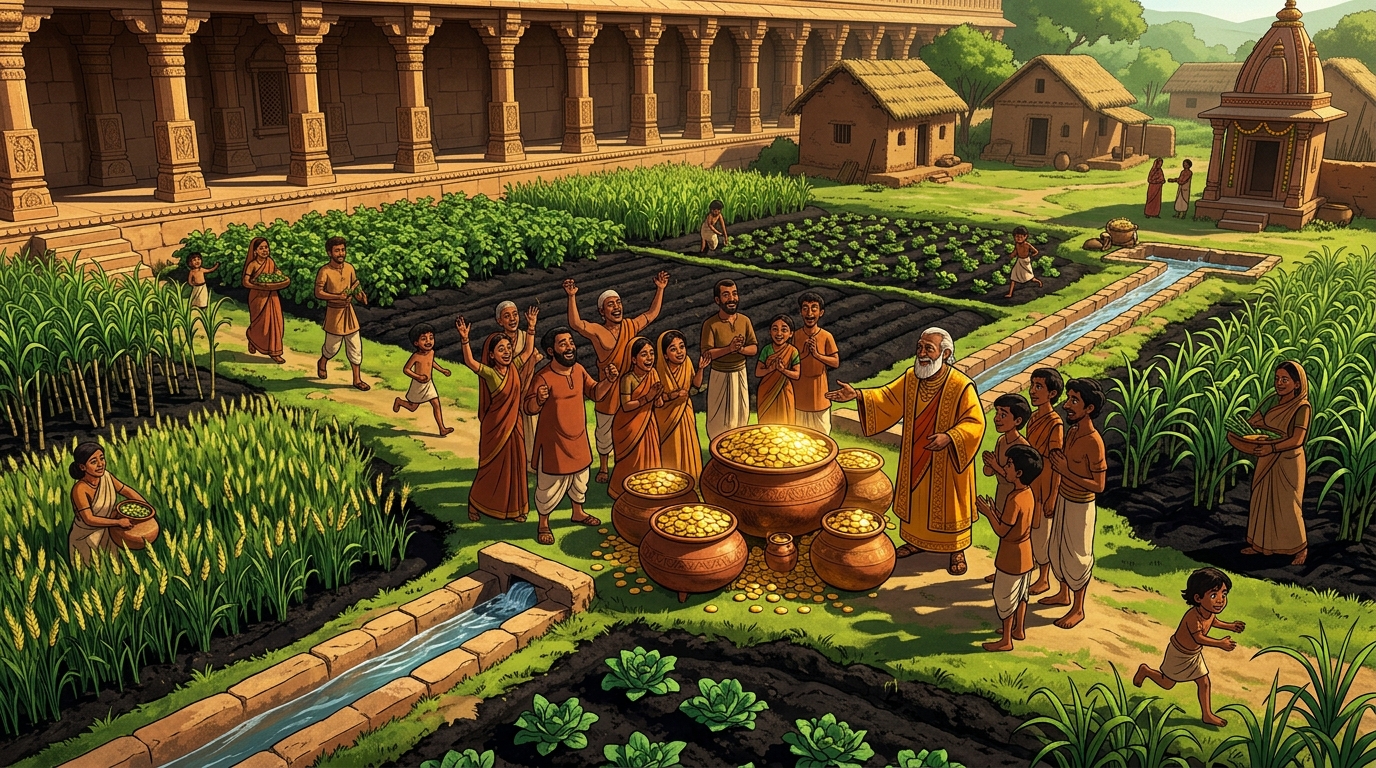 Sunlit village fields thrive with green crops and flowing water, celebrating honesty over greed