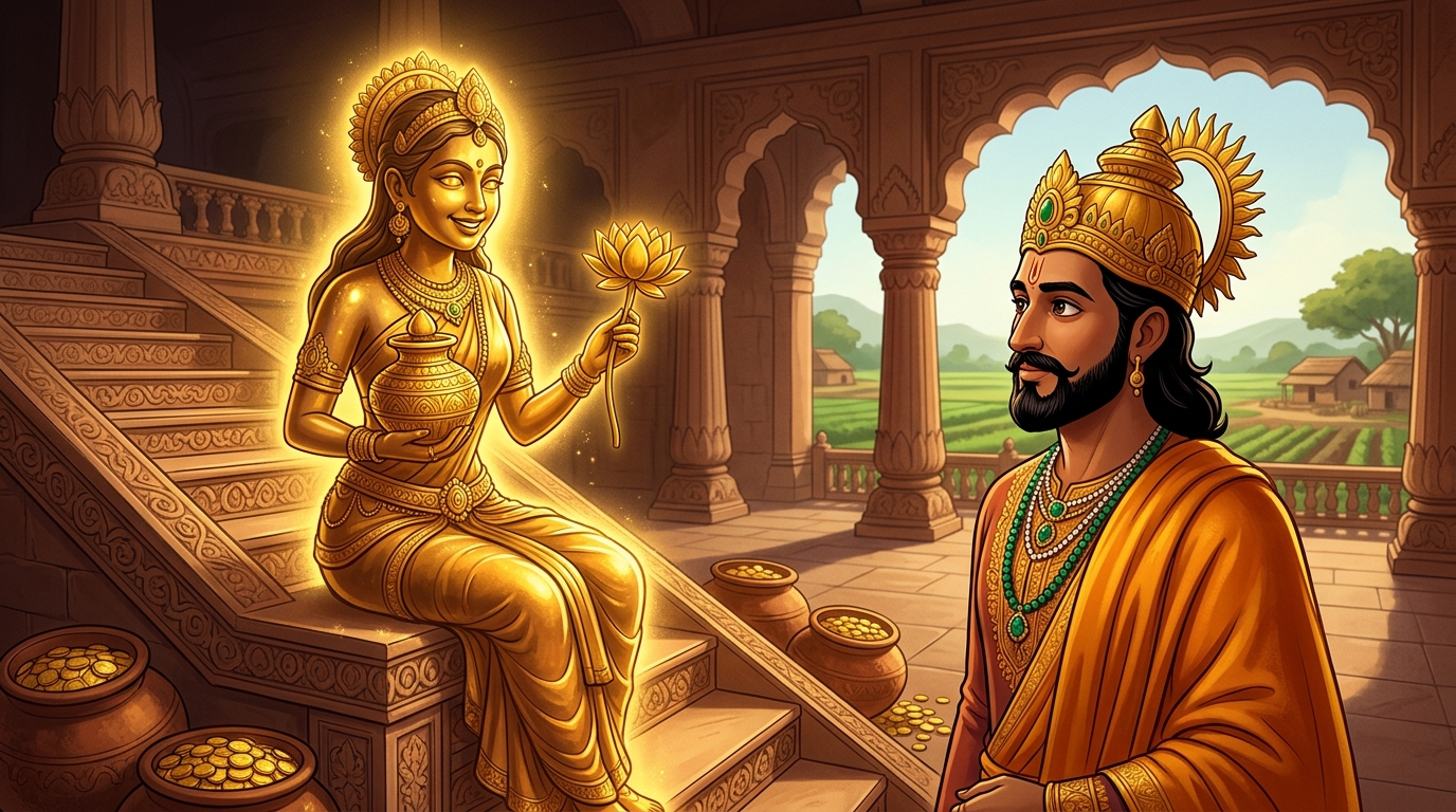Back in Dharanagari palace, Vasumati looks directly at King Bhoja with earth-golden eyes