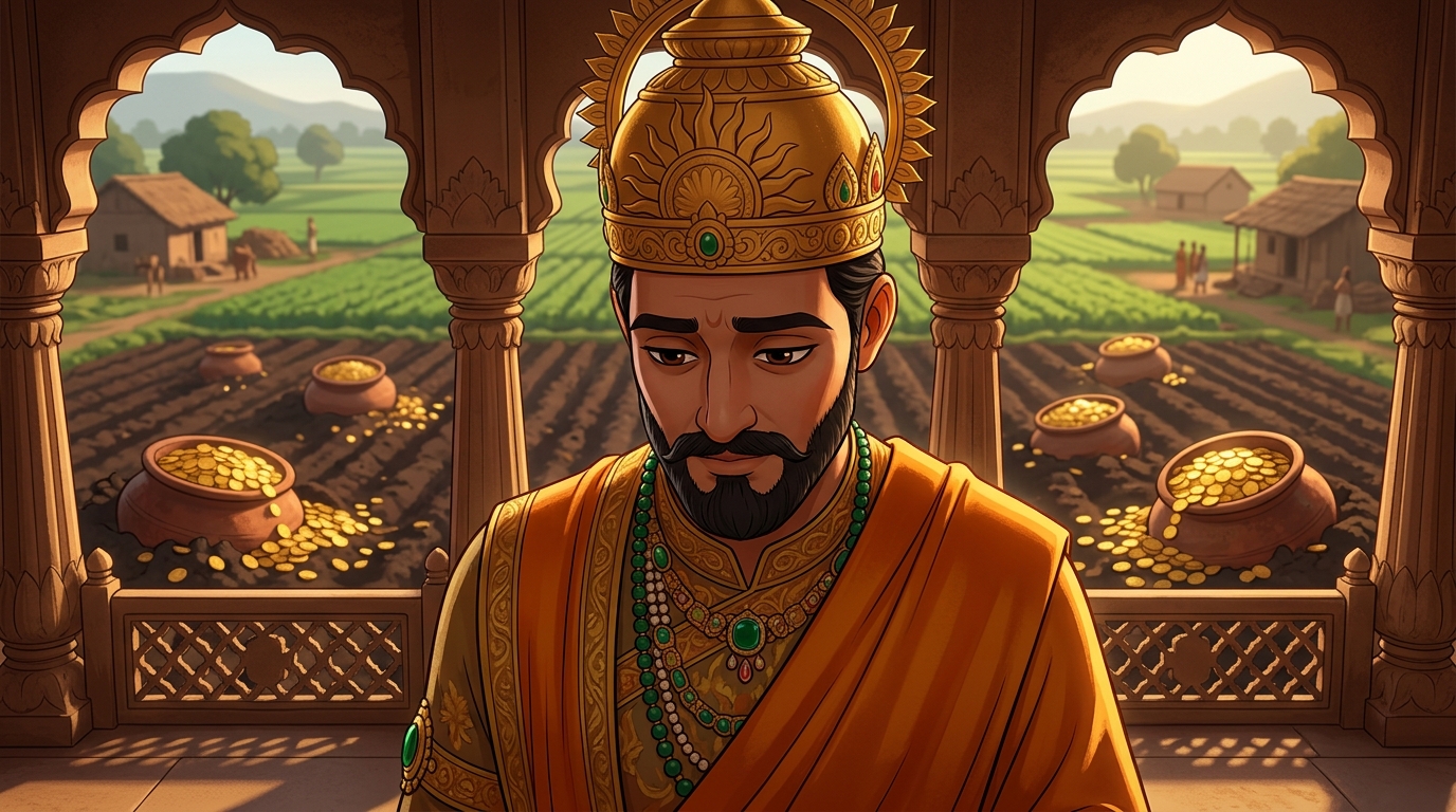King Bhoja lowers his head in deep humility and introspection, acknowledging Vikramaditya's purity