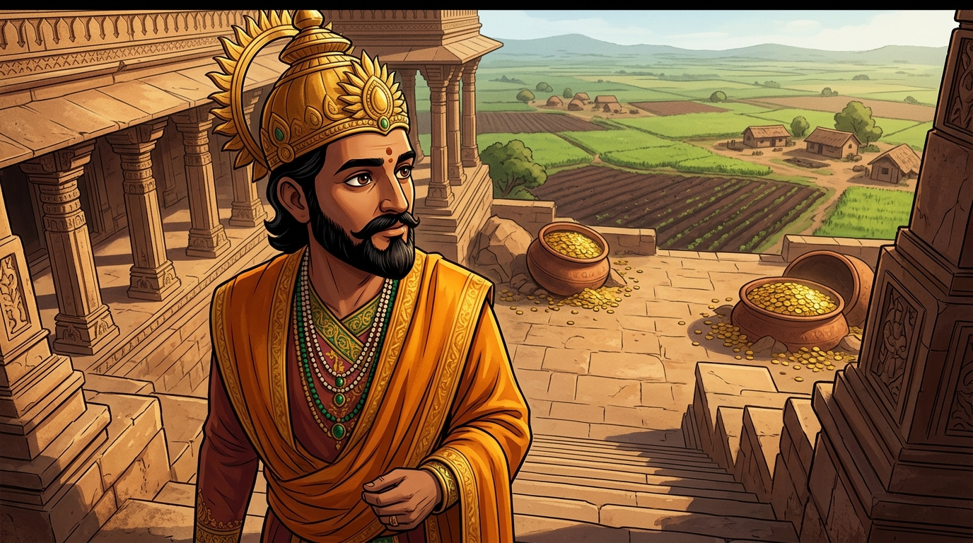King Bhoja steps down from the twenty-seventh step, ordering treasure-trove reforms established