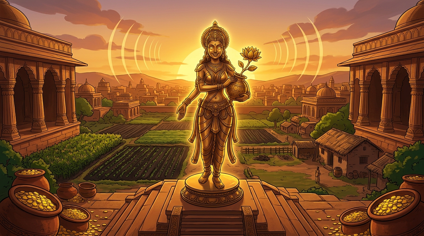 Twilight conches echo across Dharanagari as Vasumati smiles and freezes back into silent bronze