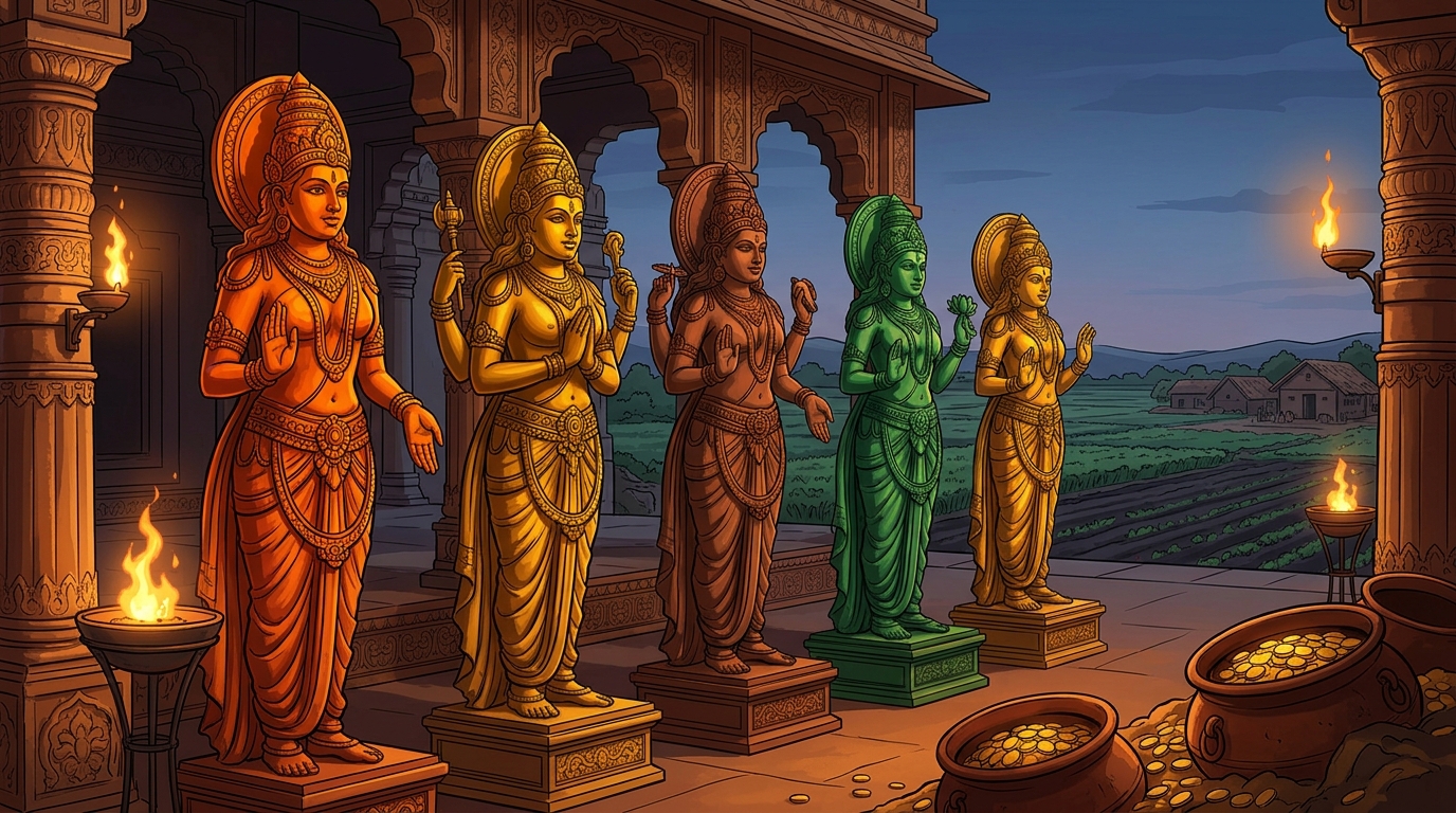 The remaining five celestial statues gleam in the evening torchlight, awaiting the twenty-eighth test
