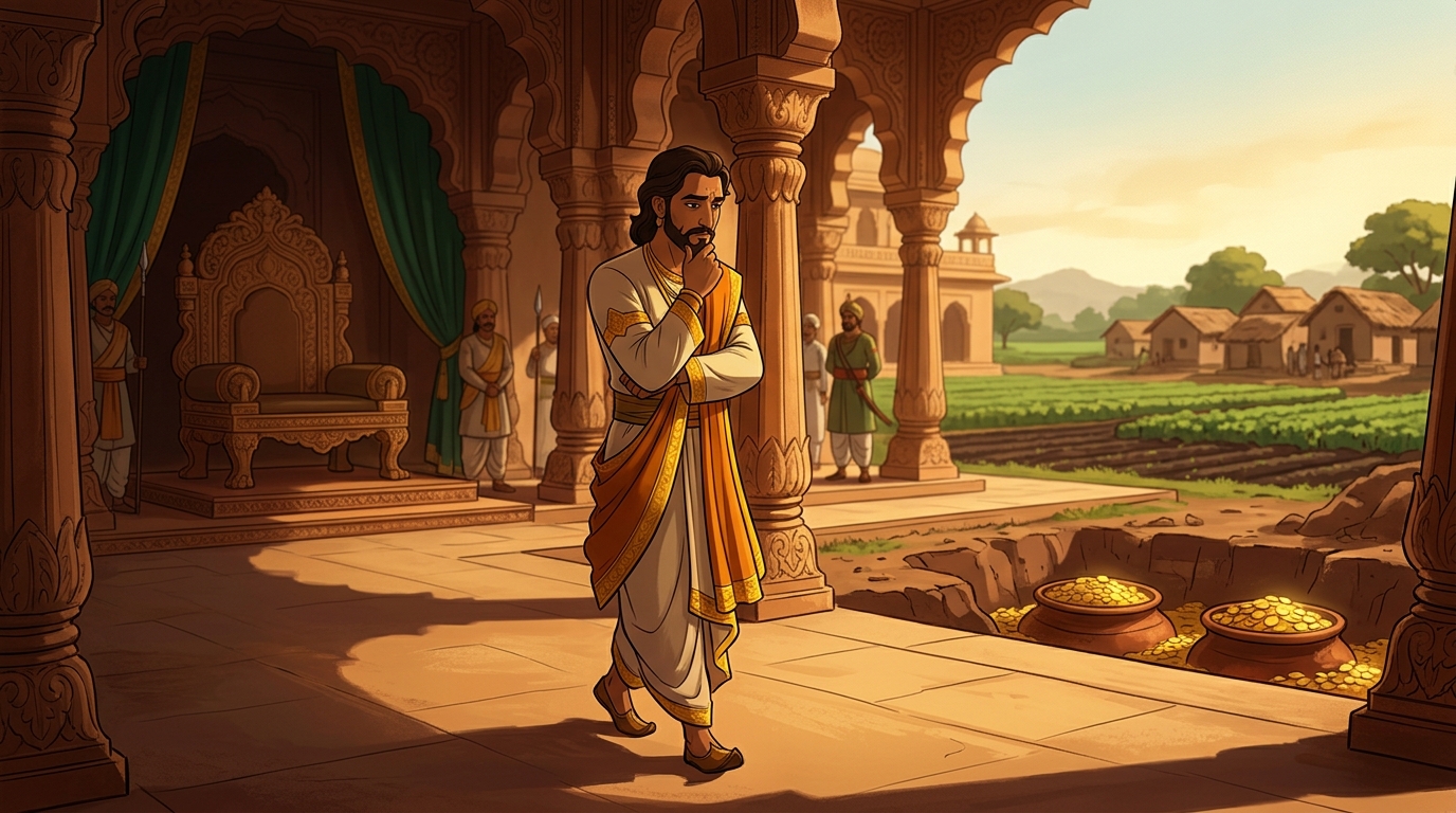 King Bhoja departs the throne hall in quiet contemplation, inspired by Vikramaditya's judicial purity