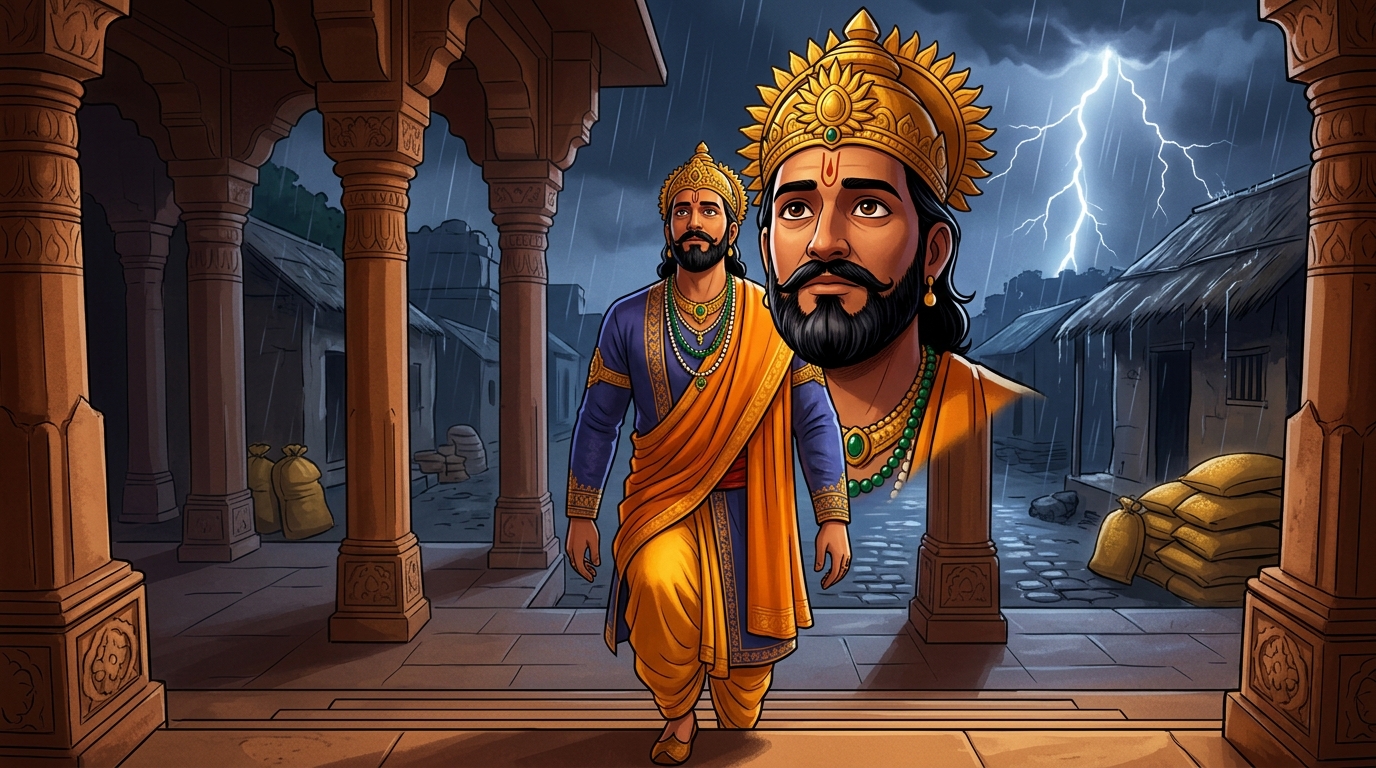 King Bhoja in sacred saffron silks approaches the twenty-eighth step of the throne