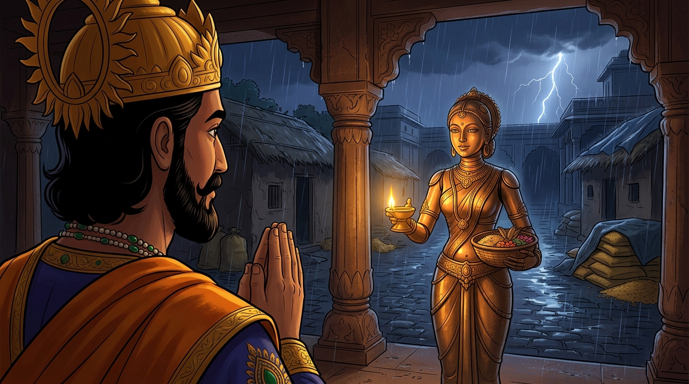 King Bhoja halts in deep reverence with folded hands, gazing at the living bronze maiden