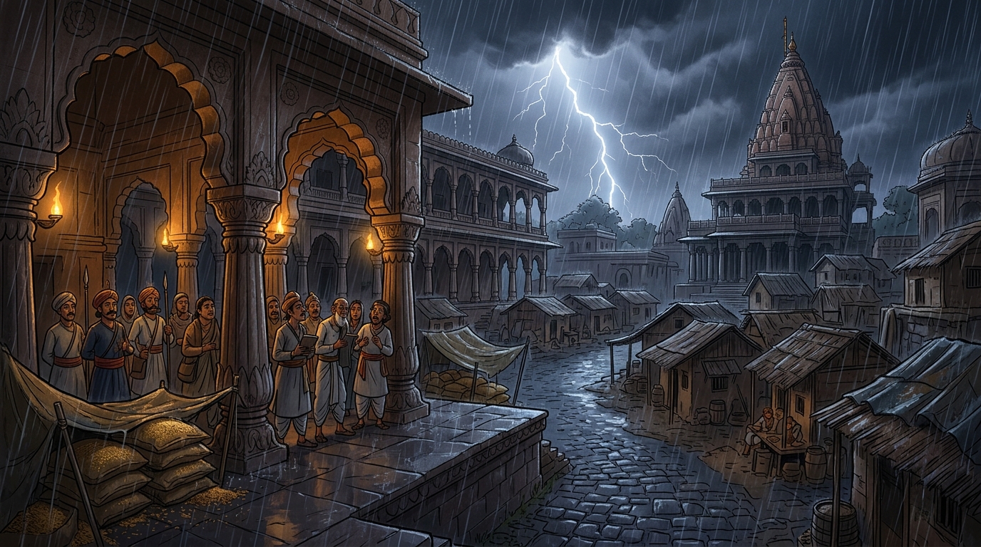 Torrential monsoon rains lash the darkened cobblestone alleys and sandstone arches of Ujjayini
