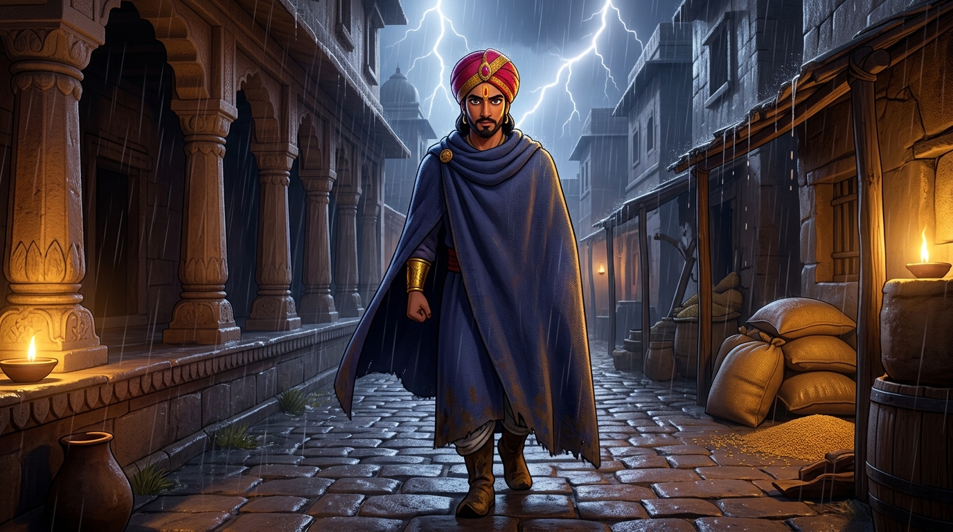 Dressed in a coarse indigo wanderer's cloak, Vikramaditya slips through a secret palace sally port