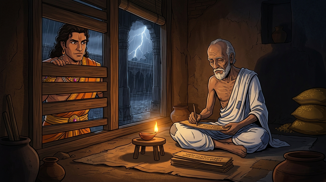 Vikramaditya looks through the shutter, seeing Pandit Devadatta writing Sanskrit manuscripts