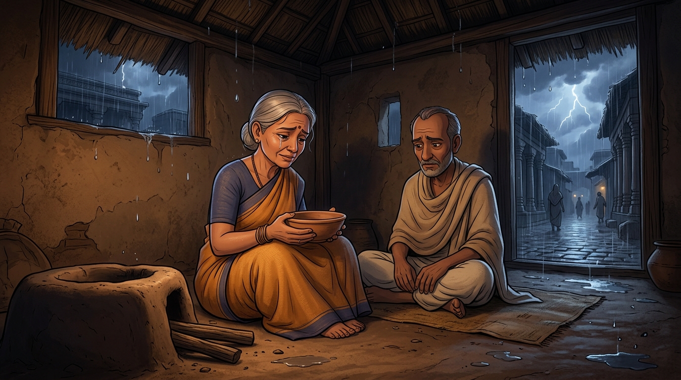Beside the scholar, his wife Arundhati weeps quietly over an empty cold hearth