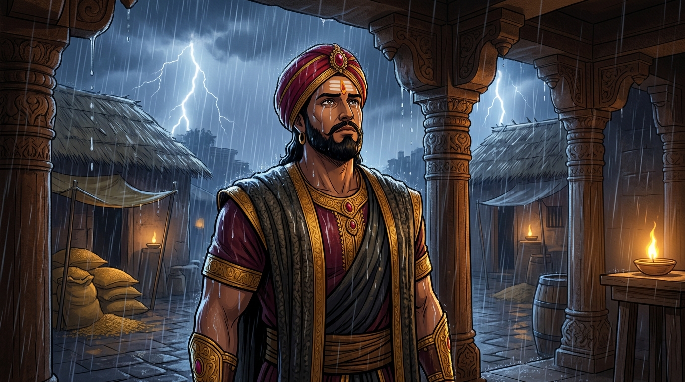 Outside in the cold pouring rain, Vikramaditya listens with tears of profound reverence