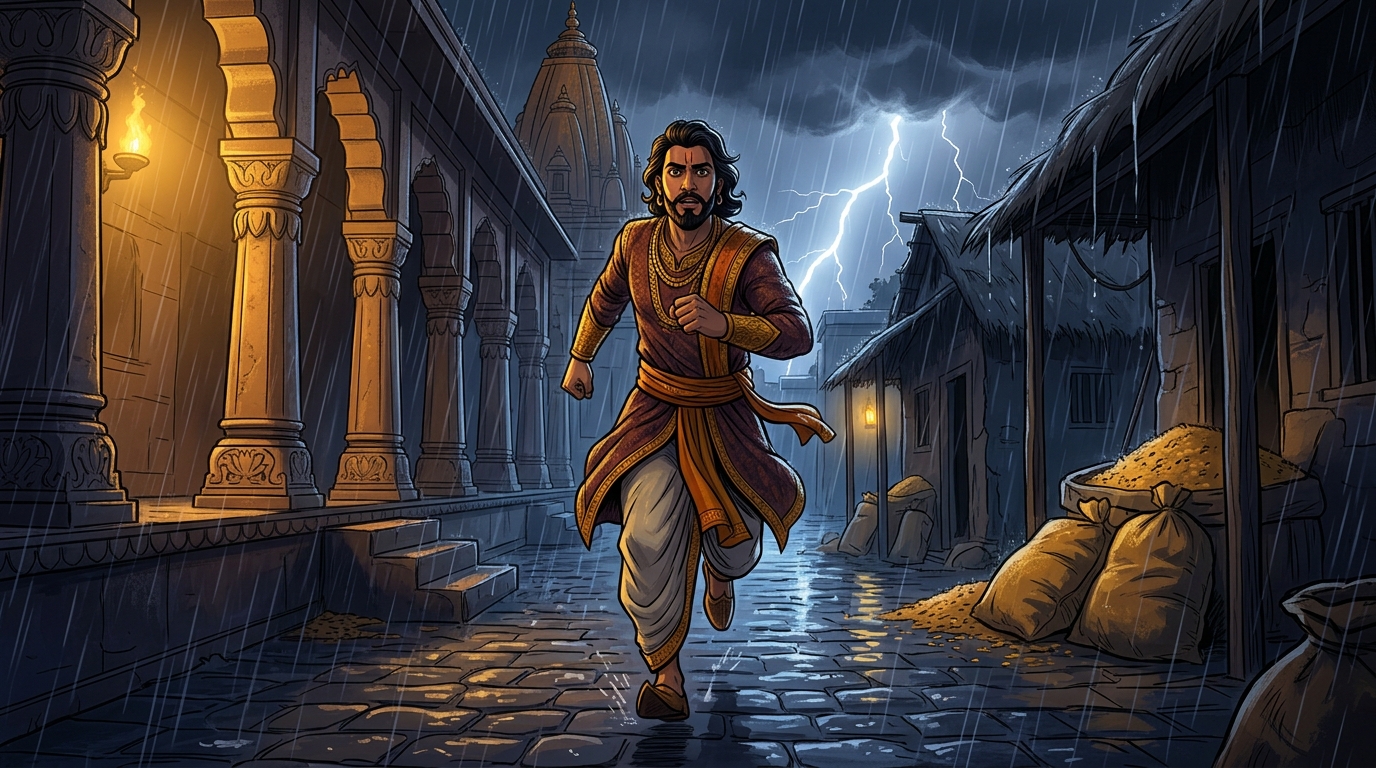 Vikramaditya turns, sprinting through the flooded midnight streets toward the imperial storehouses