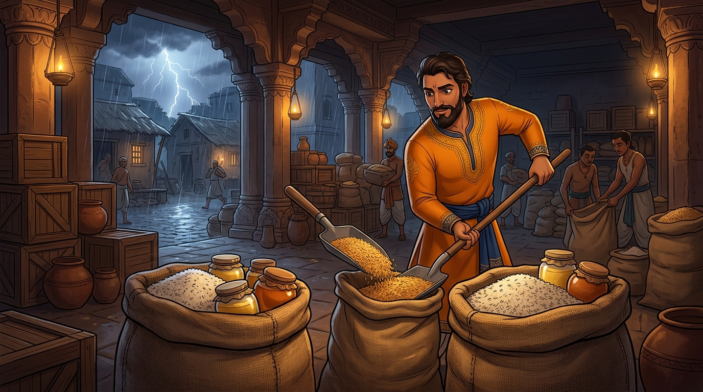 In the palace stores, Vikramaditya personally fills two heavy sacks with wheat, rice, ghee, and honey