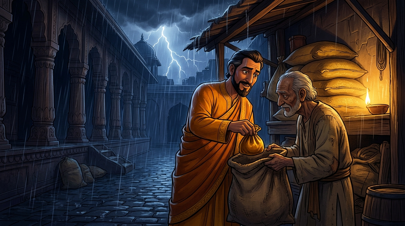 The Emperor tucks a velvet pouch of five hundred unmarked gold coins inside the sack