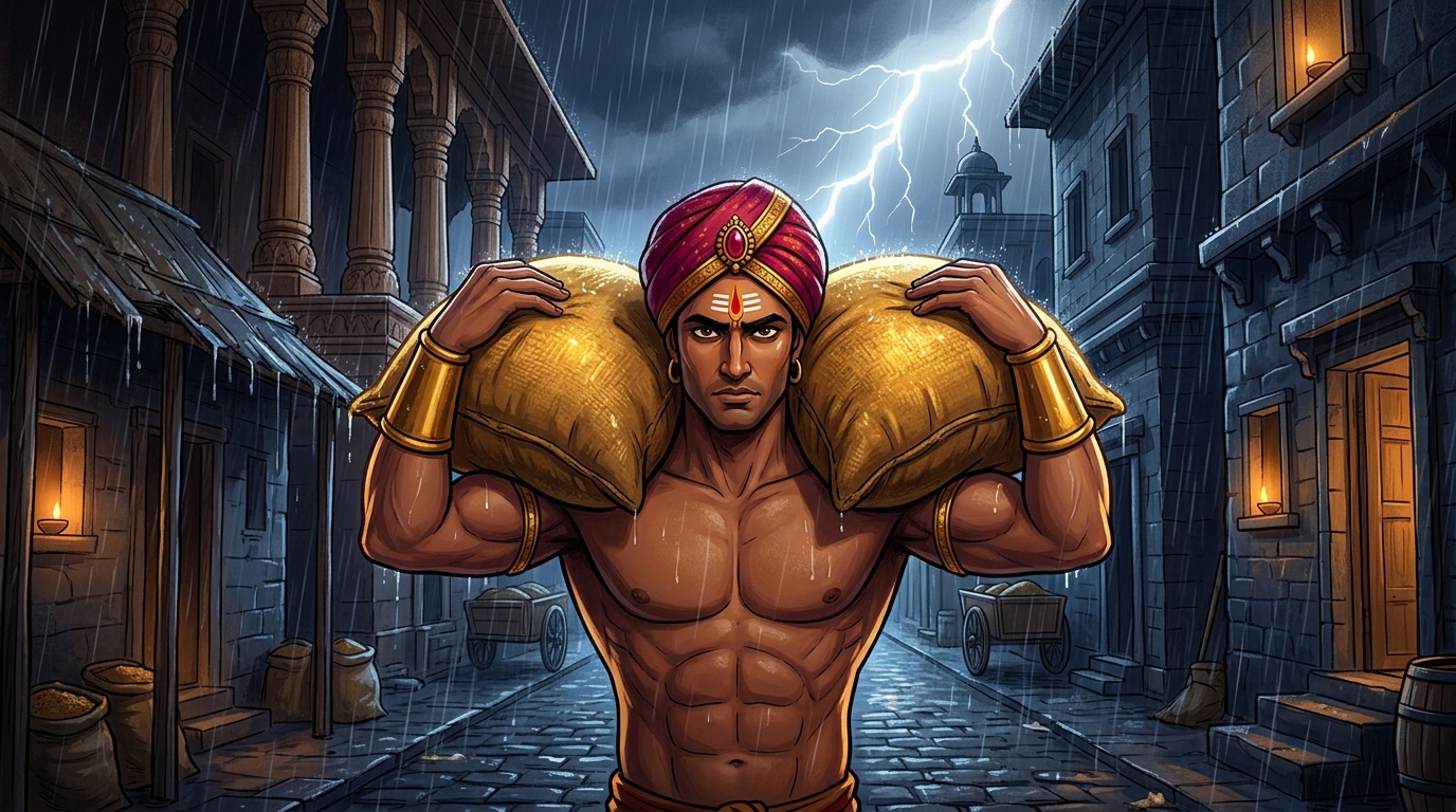 Refusing guards or carts, Vikramaditya heaves both heavy grain sacks onto his own shoulders