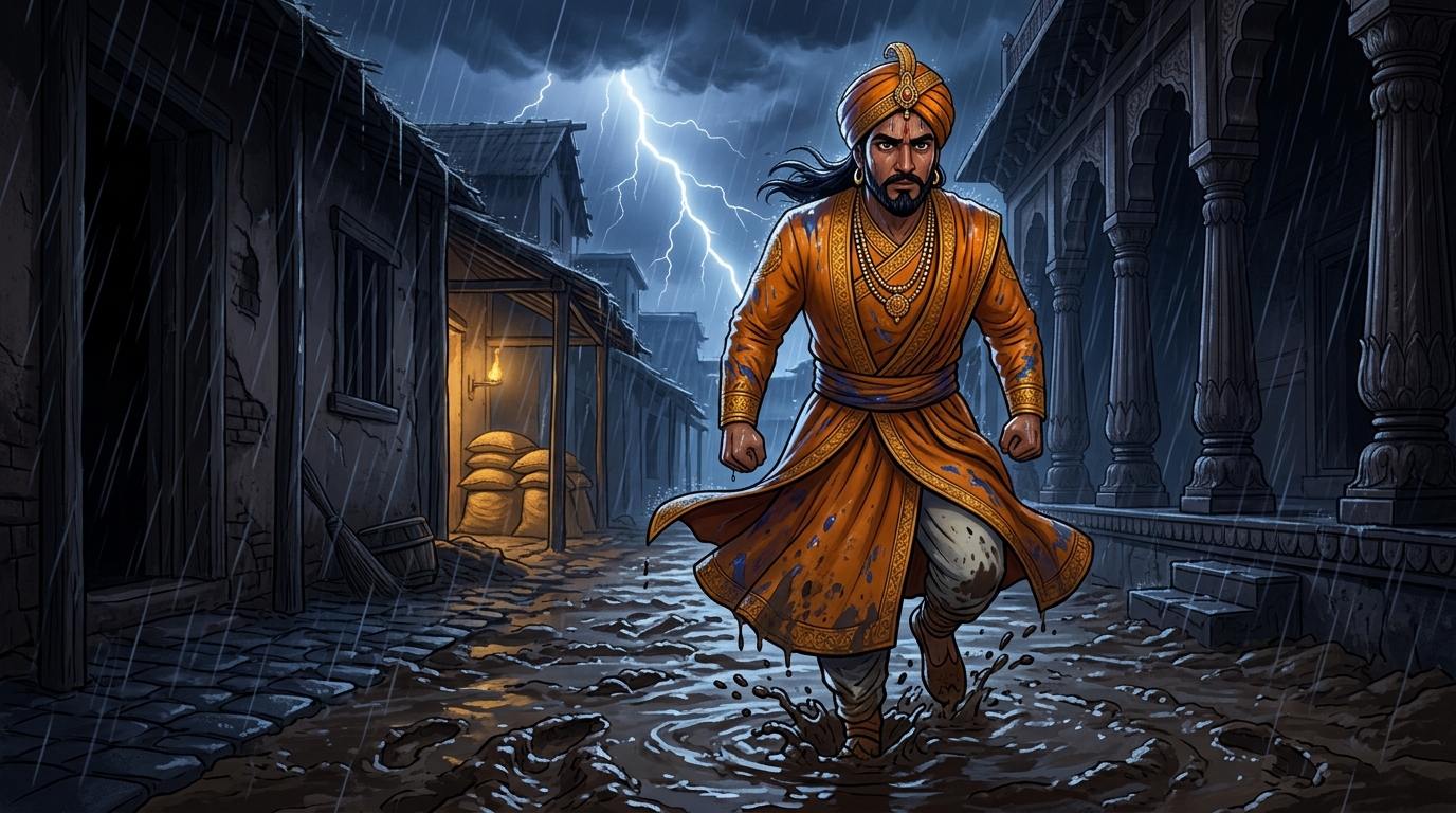 The Emperor trudges through knee-deep mud and howling wind, lightning illuminating his face