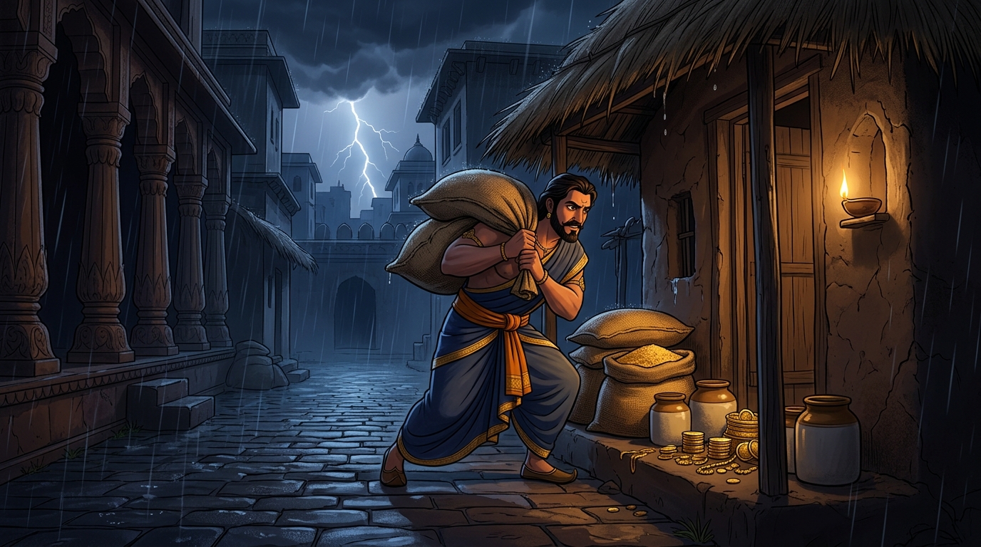 Vikramaditya reaches the dark hut, quietly setting down the heavy grain sacks under the thatch eaves