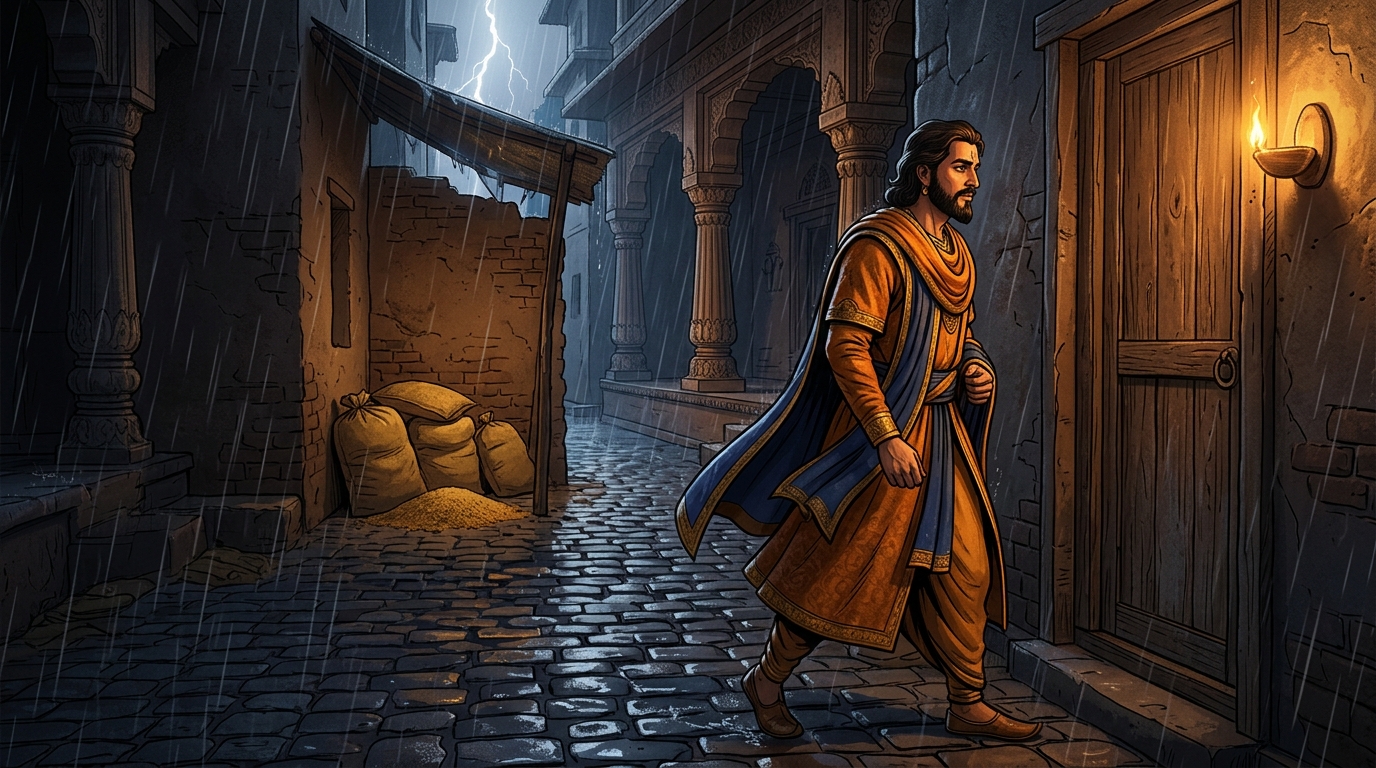 Vikramaditya knocks firmly three times on the wooden door, whispering a sacred blessing