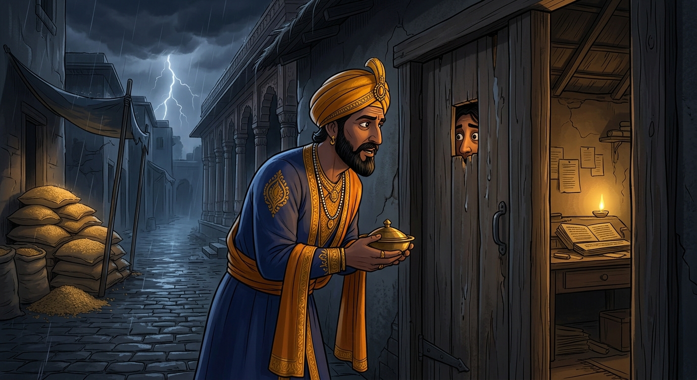 Vikramaditya calls through the door, offering the divine prasada