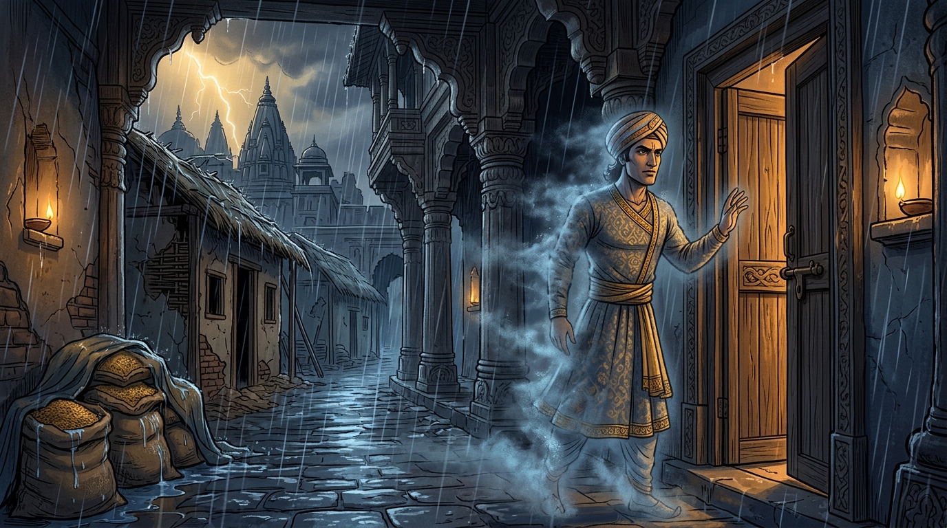 Before the latch turns, Vikramaditya vanishes like a phantom into the dark rainy alleyways