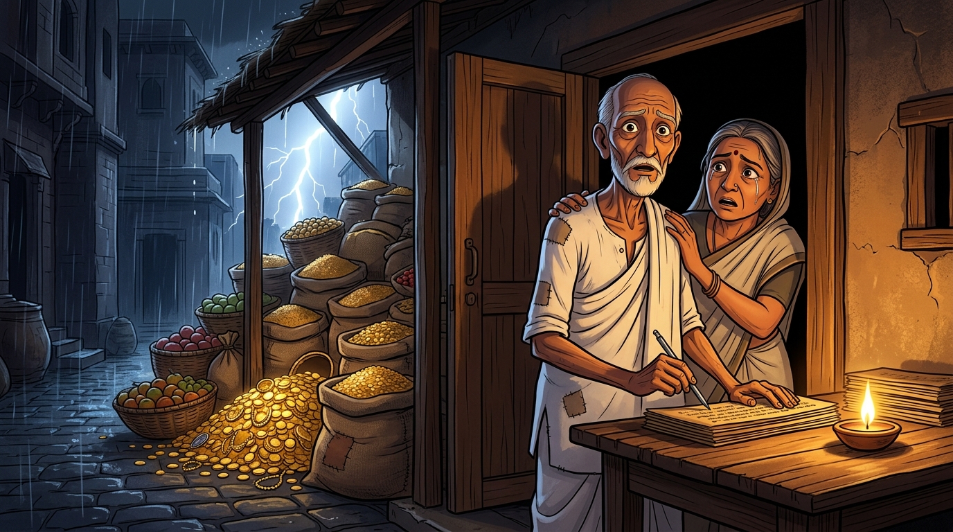 Devadatta and Arundhati open the door, gasping in astonishment at the provisions and gold