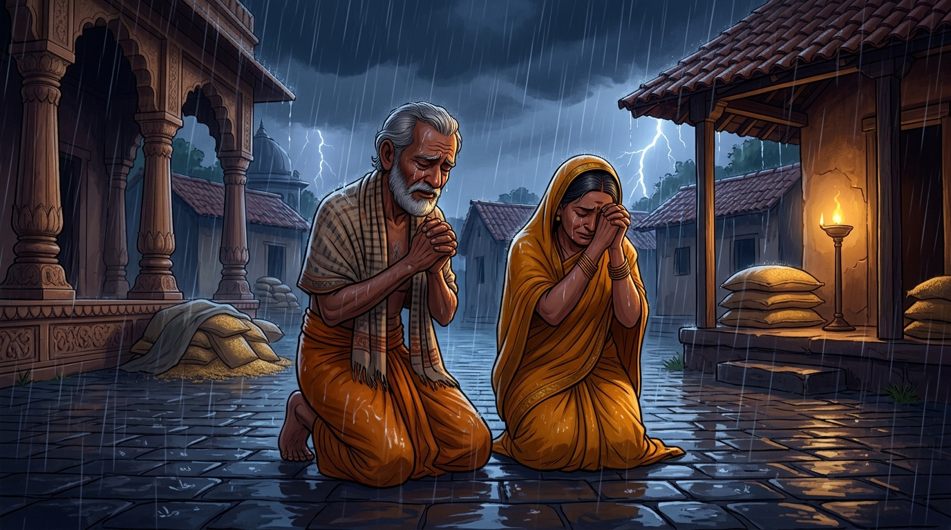 The scholar and his wife kneel in the rain, weeping tears of overwhelmed gratitude
