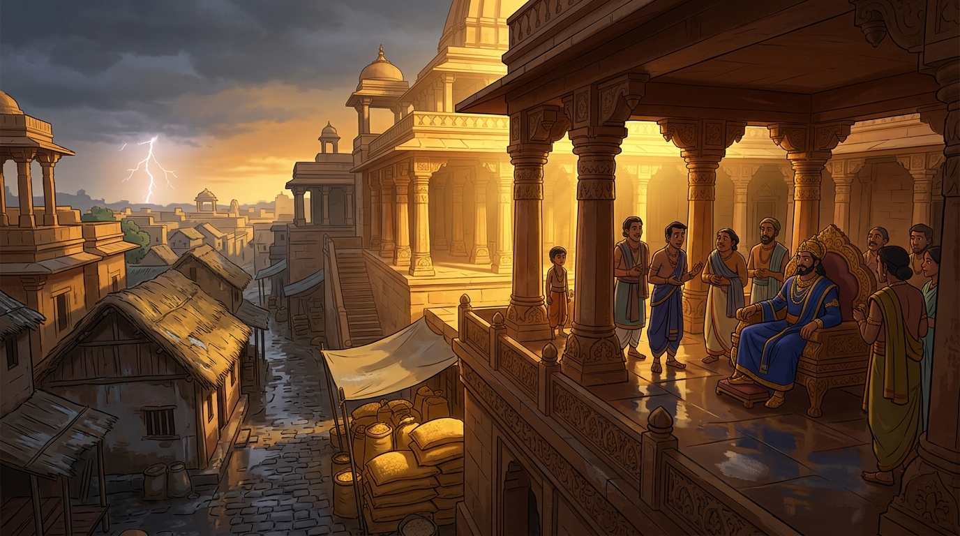 Next morning, brilliant golden sunlight dries the streets of Ujjayini as the royal court convenes