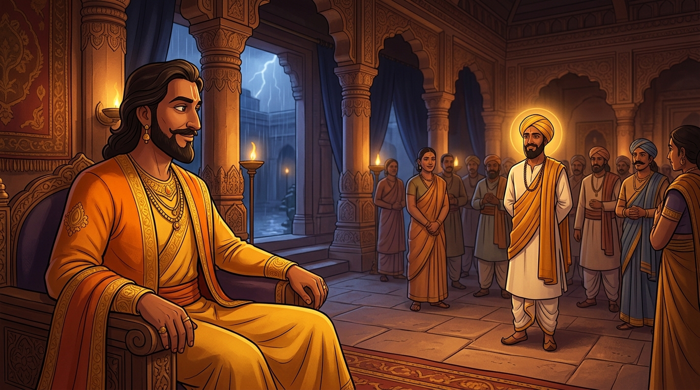 In the assembly hall, Vikramaditya sees the scholar standing with radiant dignity, sharing a smile