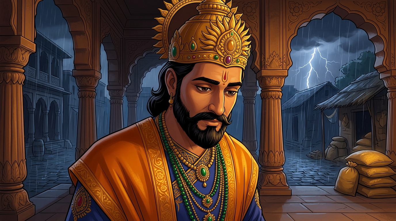 King Bhoja lowers his head in deep humility and introspection, acknowledging Vikramaditya's humility