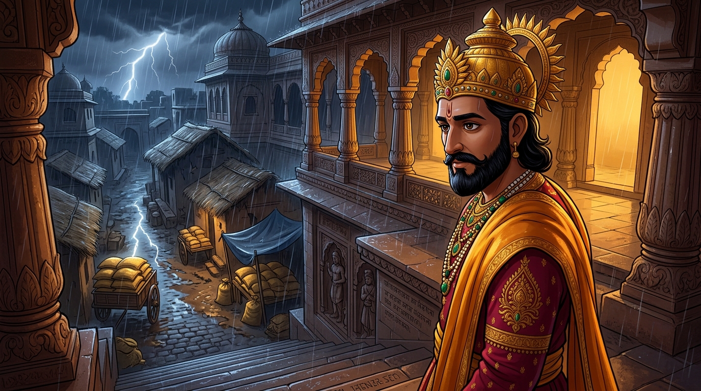 King Bhoja steps down from the twenty-eighth step, ordering anonymous scholar welfare stipends