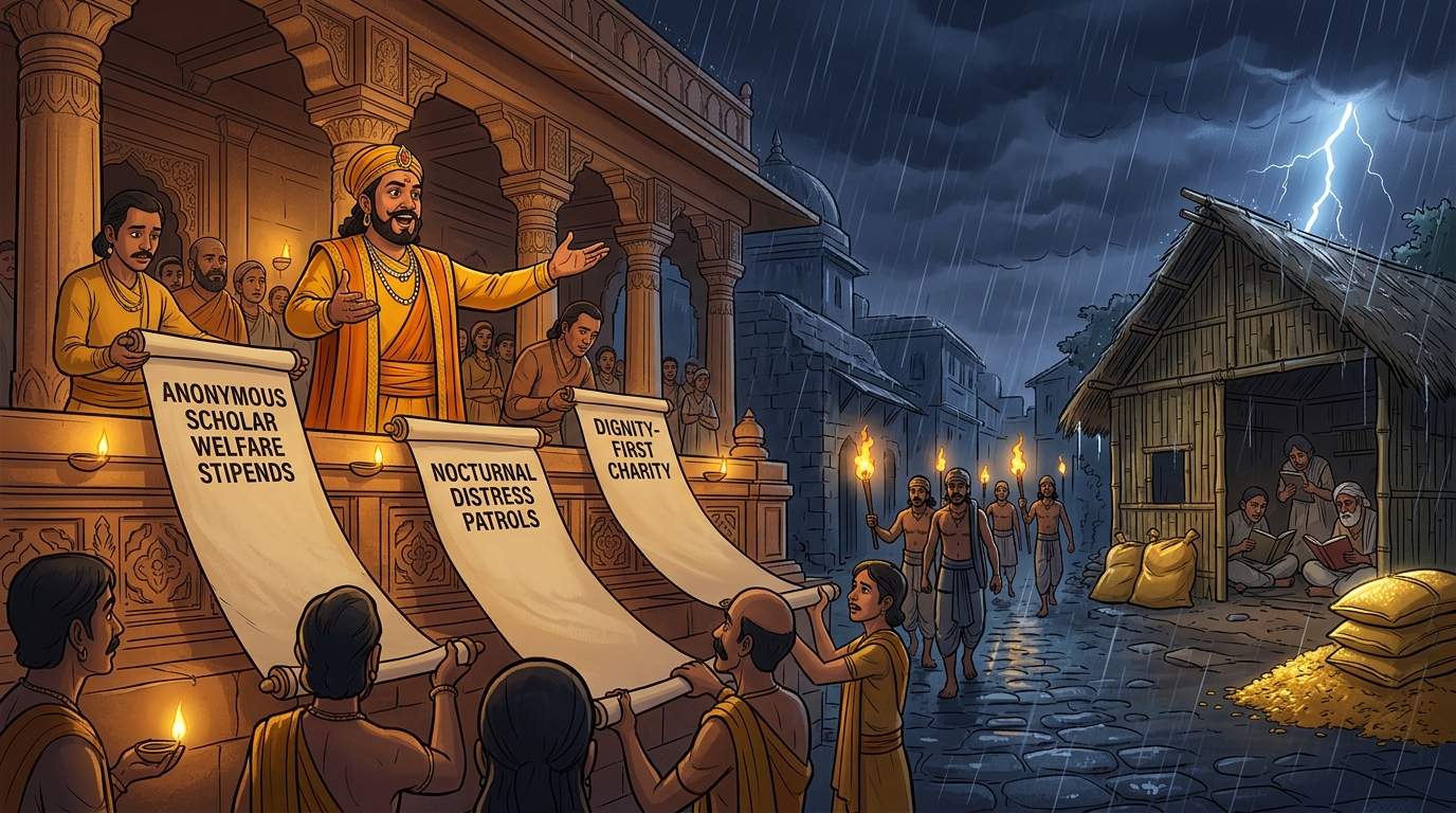 King Bhoja issues royal proclamations establishing anonymous scholar welfare stipends