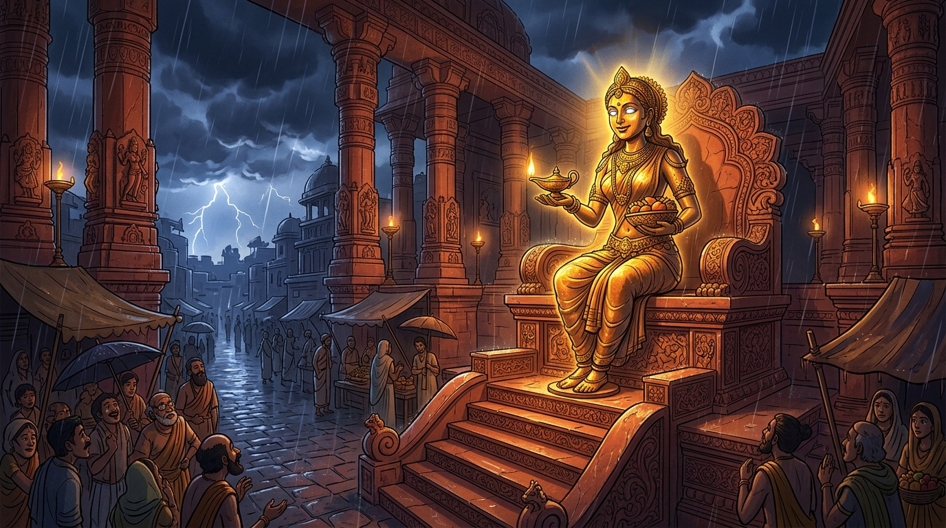 Twilight conches echo across Dharanagari as Vaidehi smiles and freezes back into silent bronze