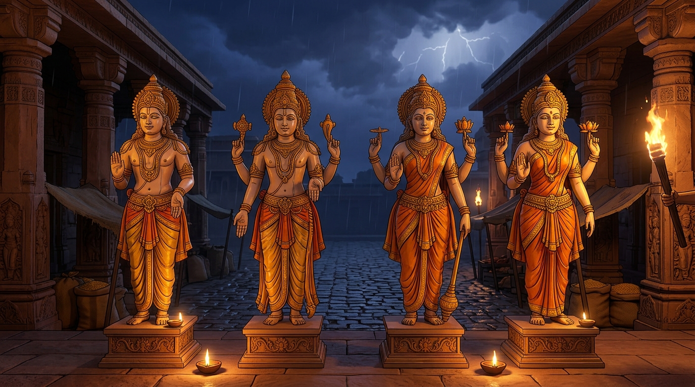 The remaining four celestial statues gleam in the evening torchlight, awaiting the twenty-ninth test