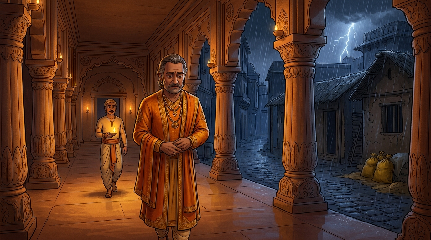 King Bhoja departs the throne hall in quiet contemplation, inspired by Vikramaditya's humility
