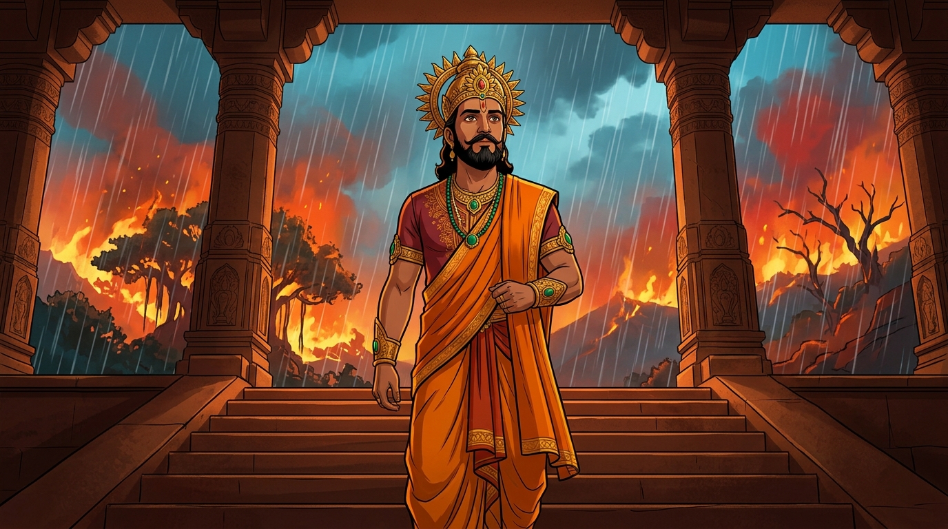 King Bhoja in sacred saffron silks approaches the twenty-ninth step of the throne
