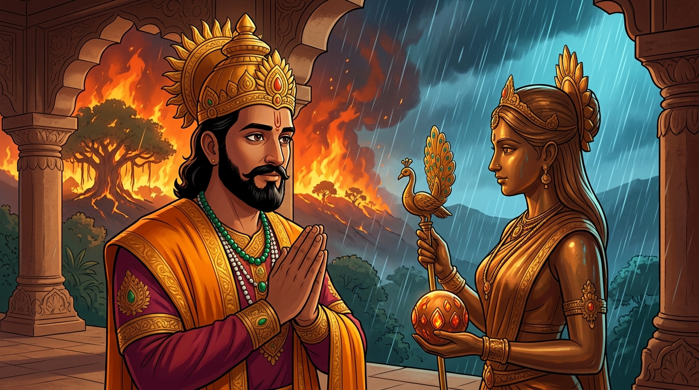King Bhoja halts in deep reverence with folded hands, gazing at the living bronze maiden