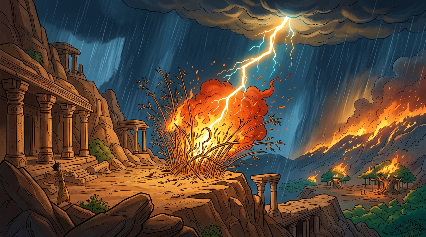 A sudden dry thunderstorm strikes the mountain ridge; lightning sets the dry bamboo ablaze