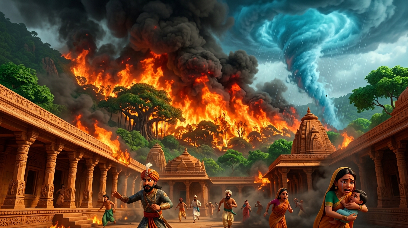 A colossal forty-foot wall of roaring flames sweeps across the valleys