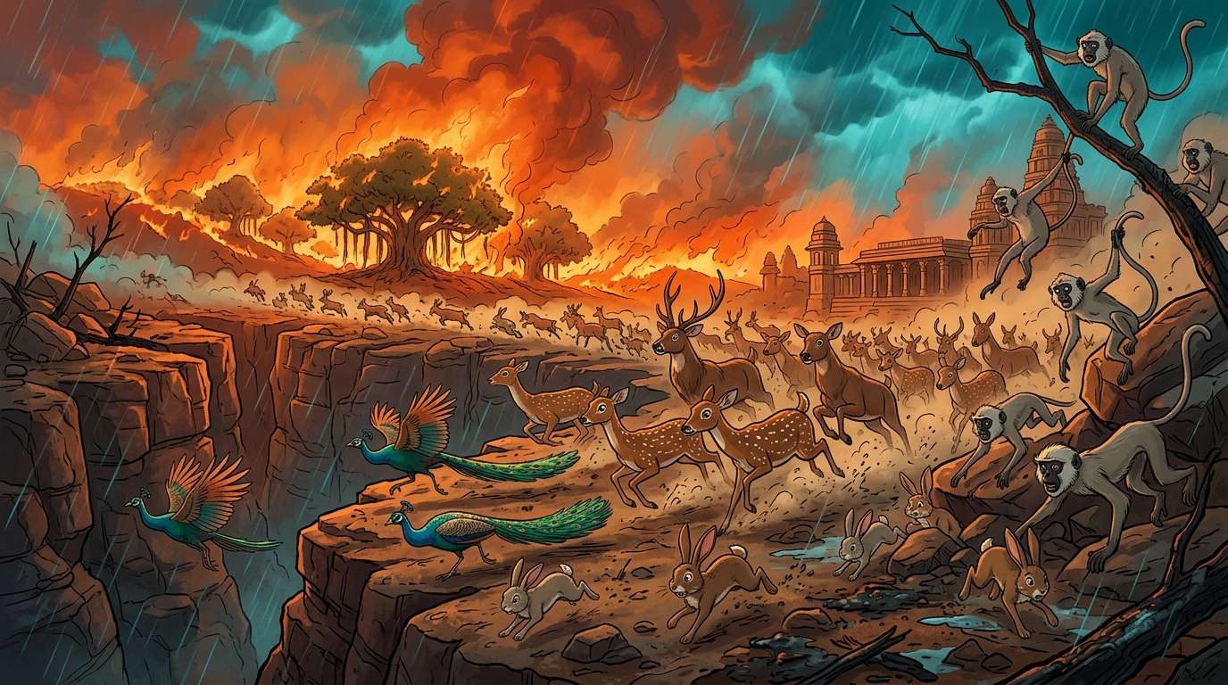 Herds of deer, peacocks, rabbits, and monkeys flee in panic toward rocky gorges