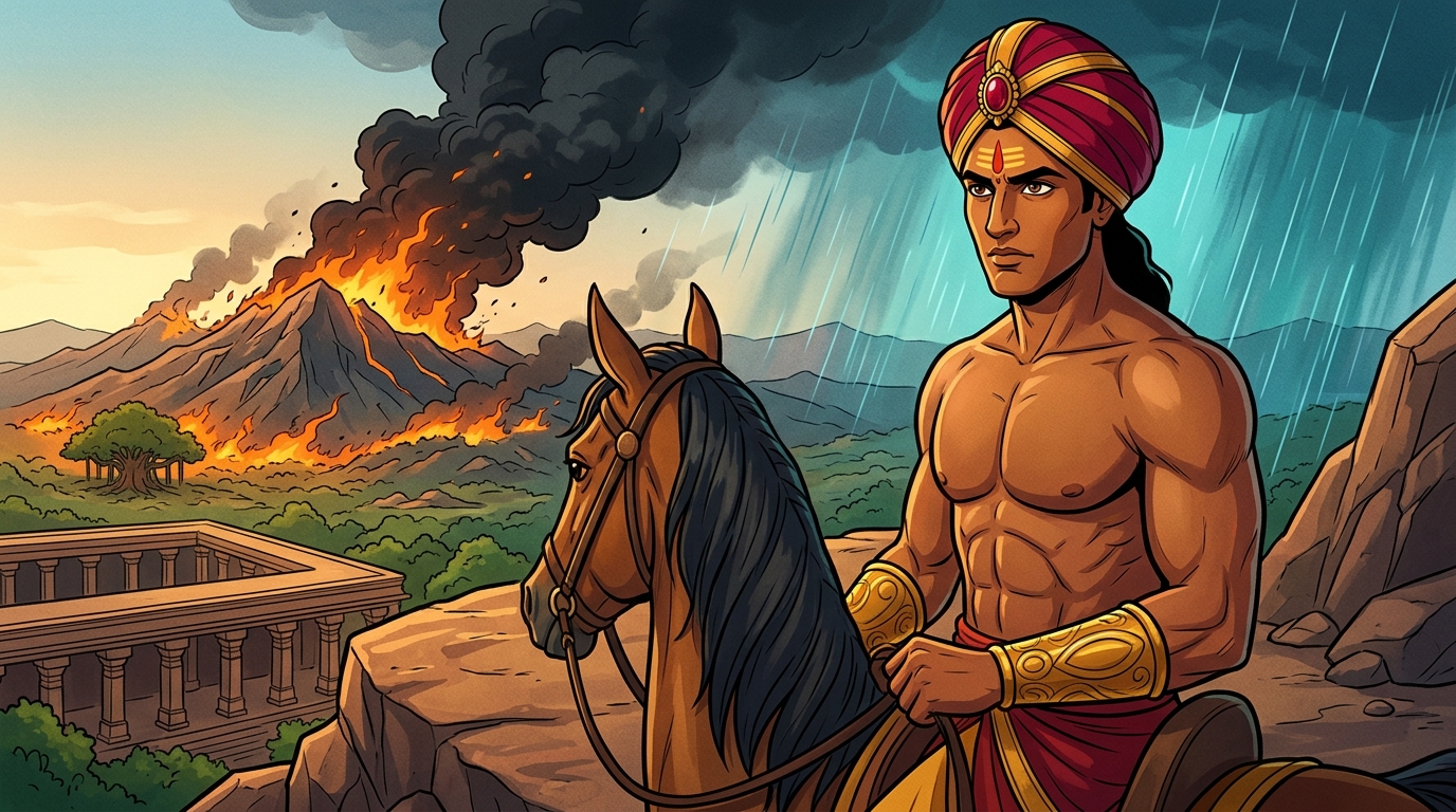 Patrolling the border hills on horseback, Vikramaditya spots the massive black fire plume