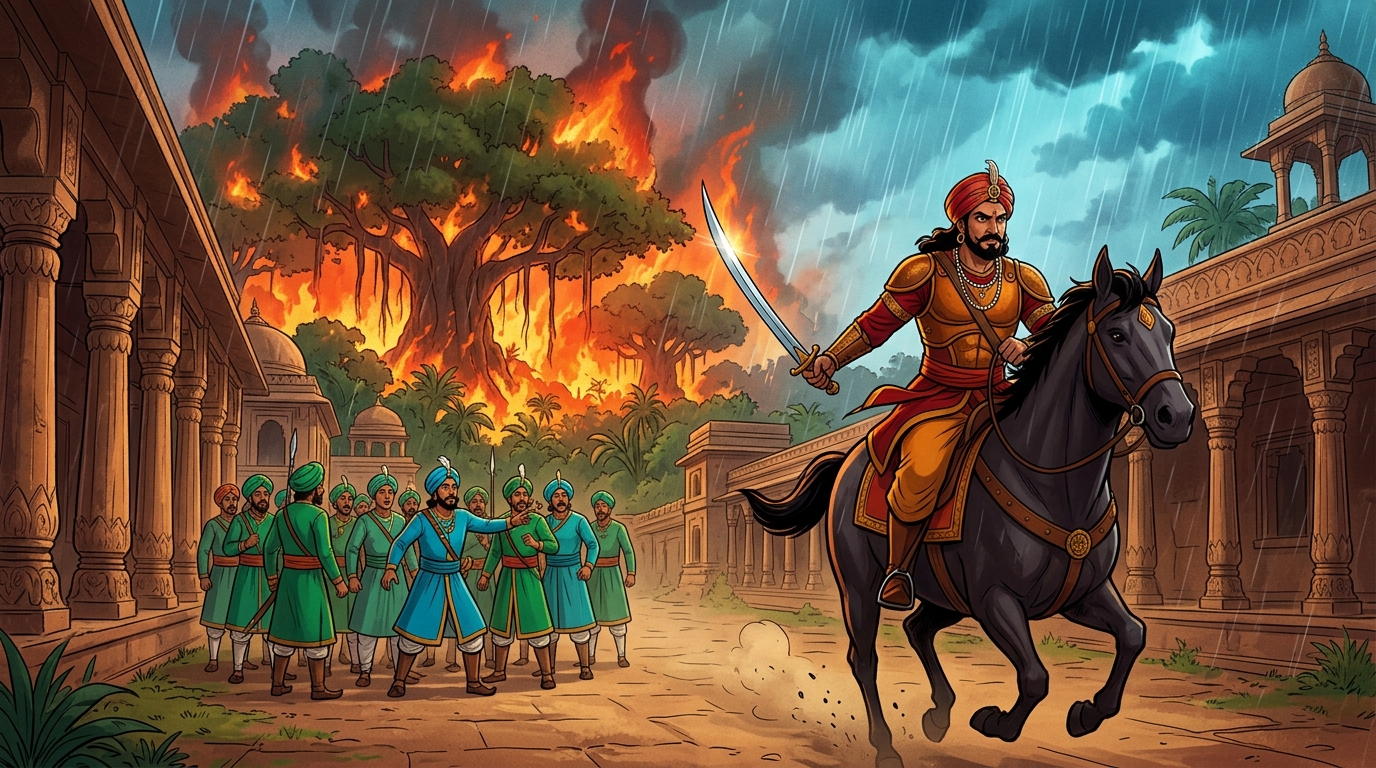 Vikramaditya orders his guards to stay behind, galloping toward the flames alone