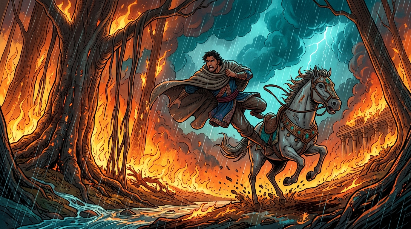 Vikramaditya leaps from his warhorse, wrapping a wet wool cloak around himself