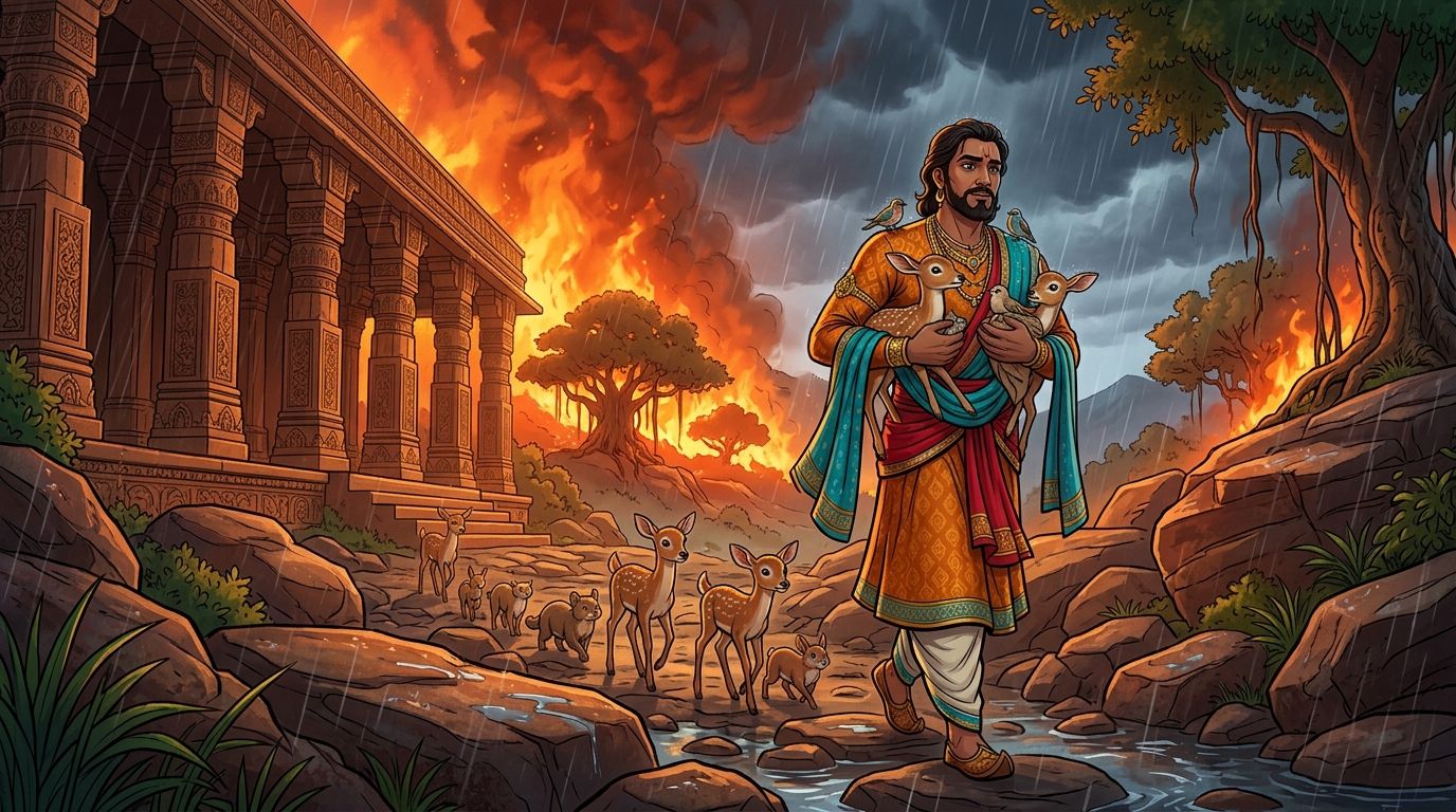 The Emperor gathers terrified fawns and baby birds into his arms, guiding them across a creek