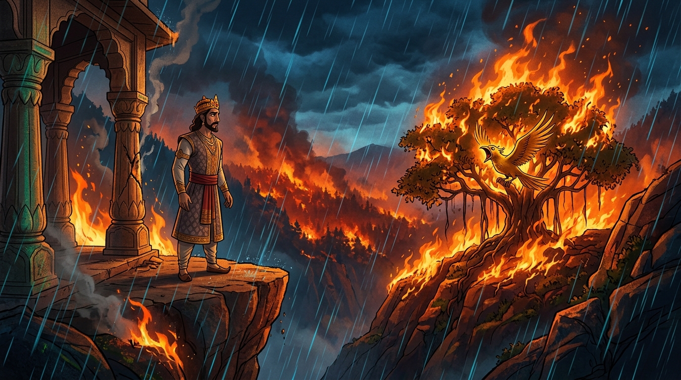 From a burning high cliff, Vikramaditya hears the agonized shriek of the golden bird