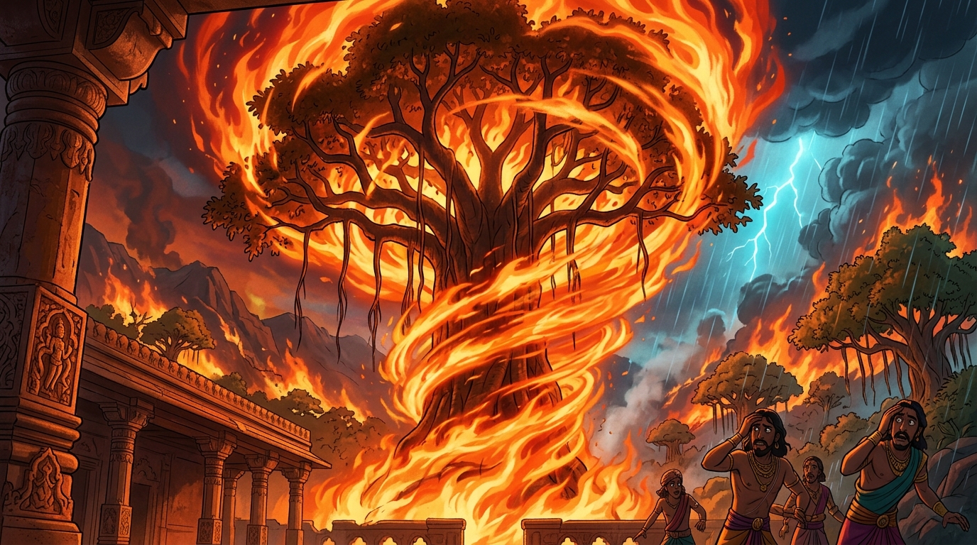 The ancient banyan tree is completely enveloped in a swirling vortex of roaring flames