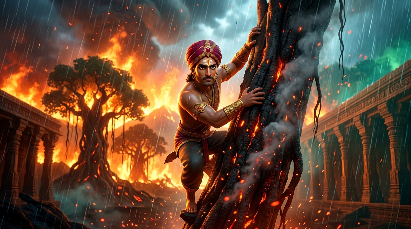 Without hesitation, Vikramaditya climbs the scorched, smoking banyan trunk