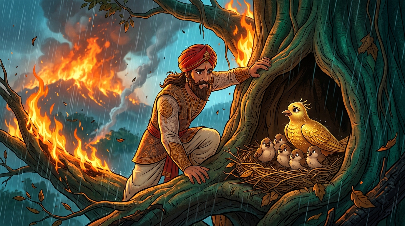 Vikramaditya reaches the flaming banyan crown, finding the trembling golden bird and sparrows
